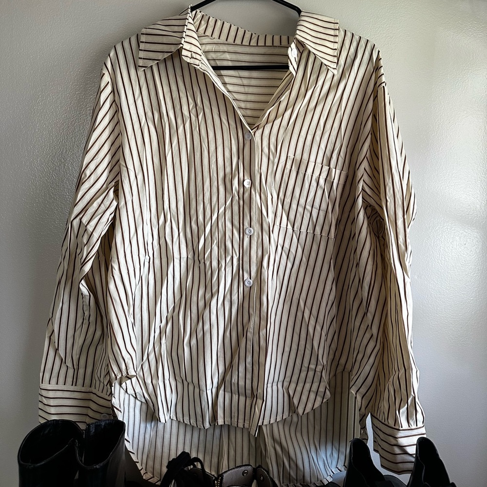 Striped Cream and Brown Women’s Button Down Blouse